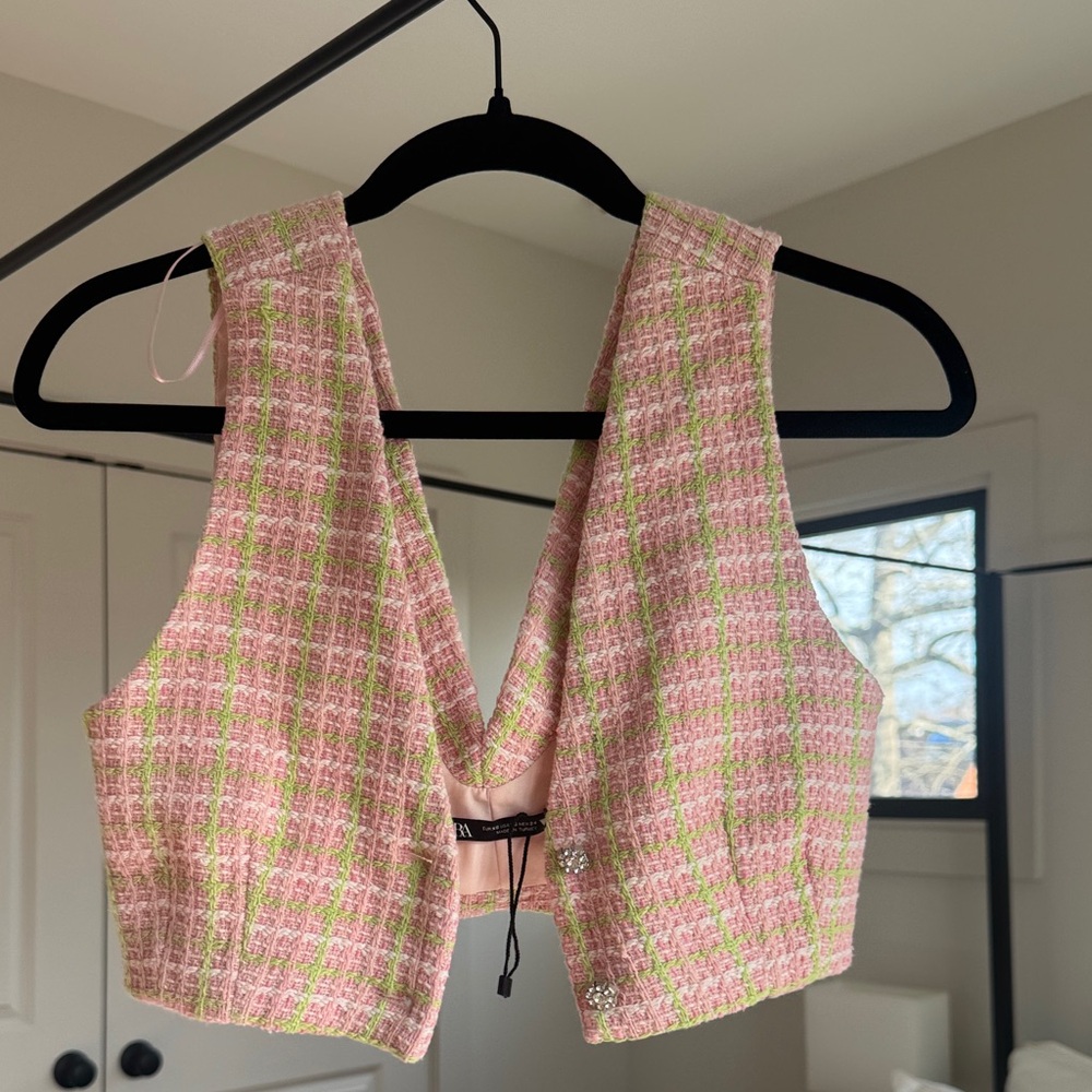 Zara Pink and Green Plaid Button Down Top